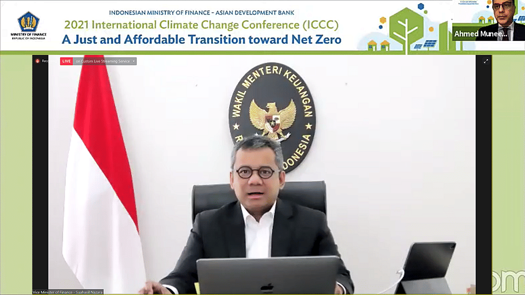 Tangkapan layar Wamenkeu saat menyampaikan pidato pembuka pada 2021 International Climate Change Conference, Kamis, 22/7. (dok. Kemenkeu)