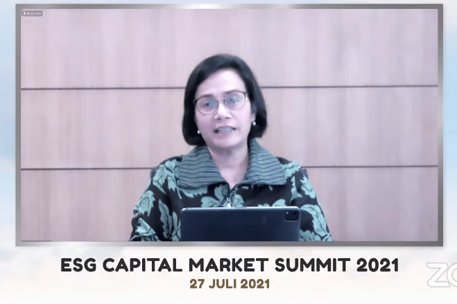 Sri Mulyani, Menteri Keuangan, saat menjadi keynote speaker pada ESG Capital Market Summit, Selasa (27/7). (FORTUNEIDN)